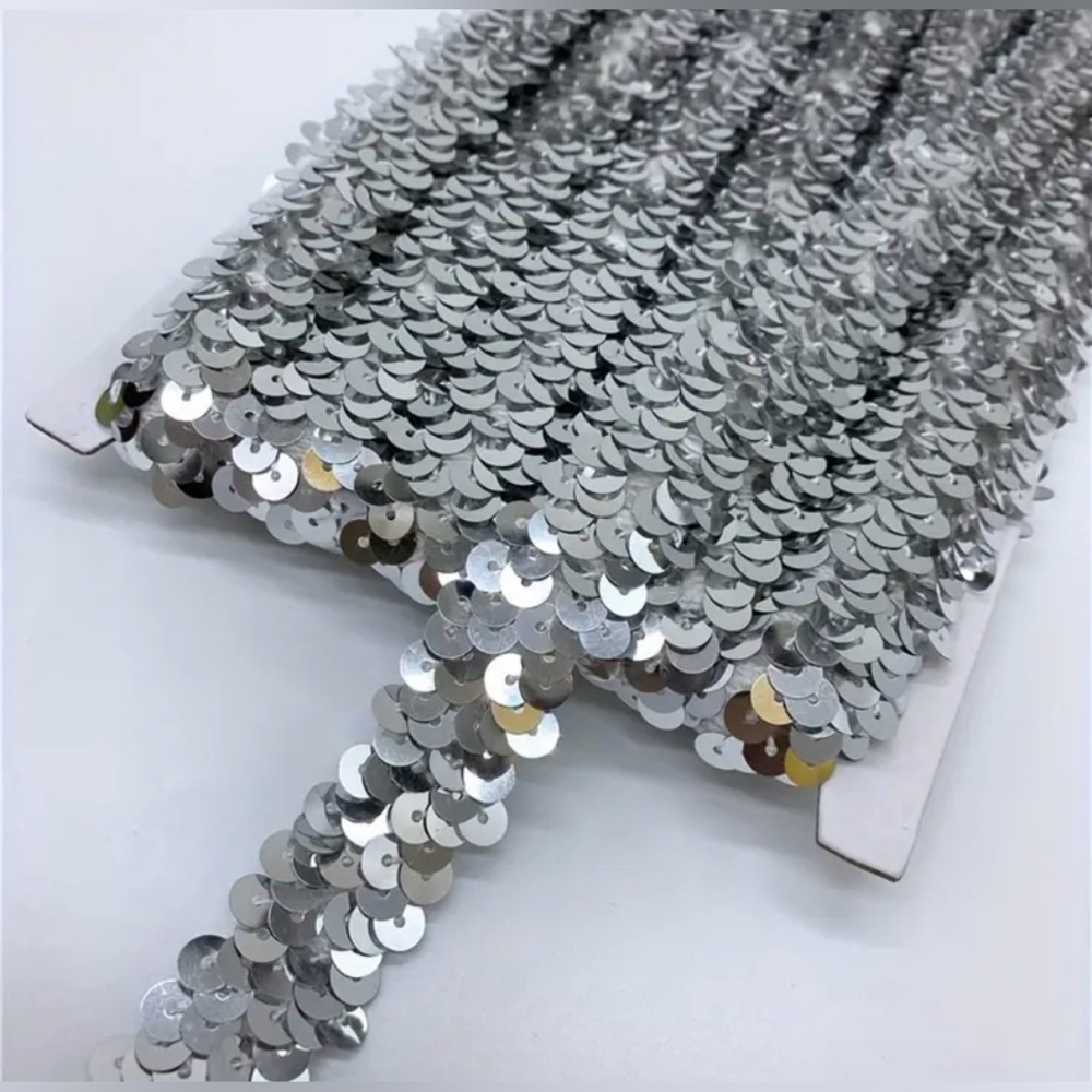 1 Yard Silver Stretch Sequin Appliquรฉ Trim for Craftsman and Clothes, New